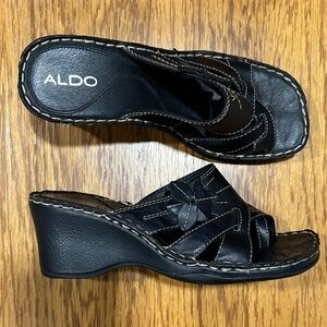 *ALDO* Black Leather Wedge Sandals Size 38